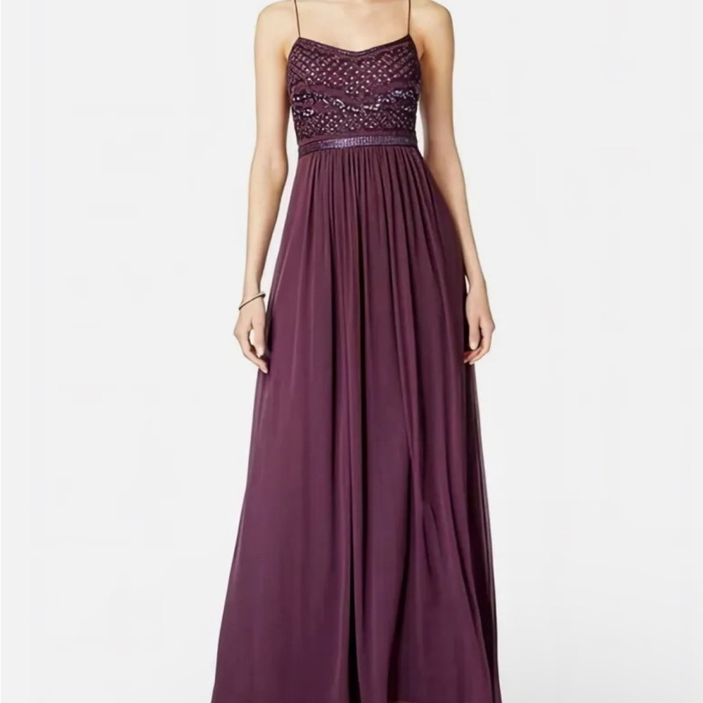 Adrianna Papell Formal Sleeveless Bead Bodice Chiffon Gown Color Purple Size 8